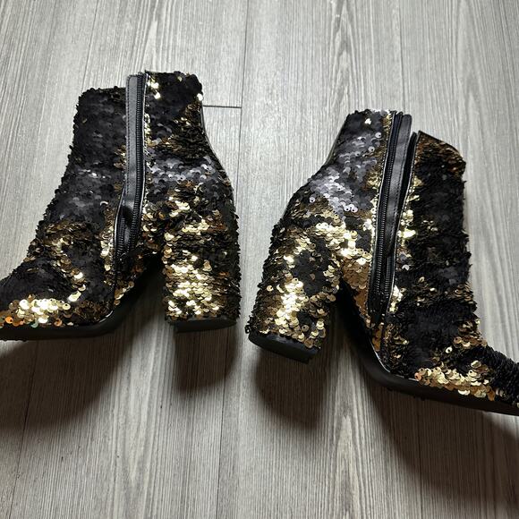 NEW STEVE MADDEN Georgia Ankle Boots 5.5 Reversible Sequin Gold Black Block Heel - Picture 5 of 9